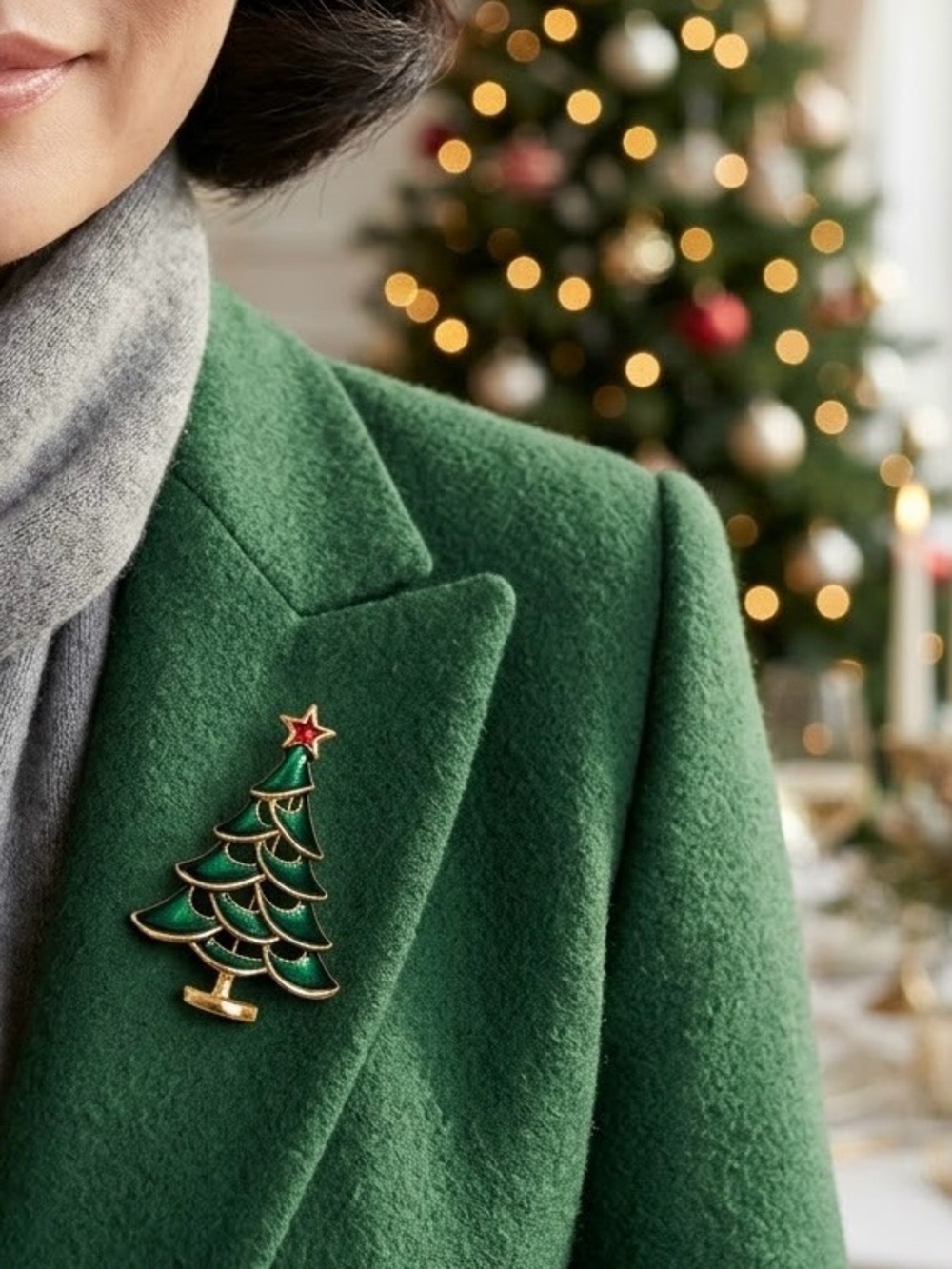 Vintage Gold Tone Green Enamel Christmas Tree Brooch Pin Holiday Jewelry